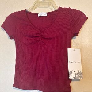 Love wins Women's burgundy ribbed V-Neck Top